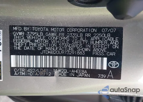 2007 Toyota Prius from USA, damaged, VIN JTDKB20U973291883